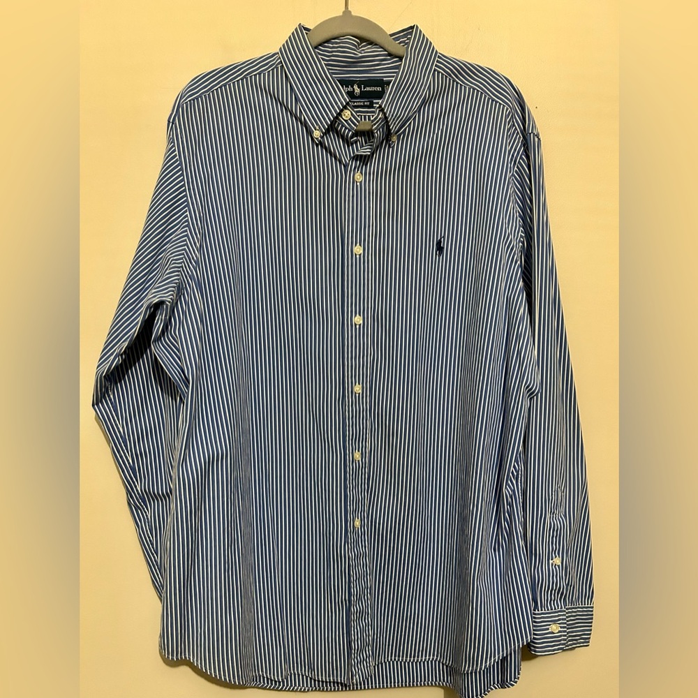 Ralph Lauren Blue & White Striped 100% Cotton Long Sleeve Button Down Shirt XL
